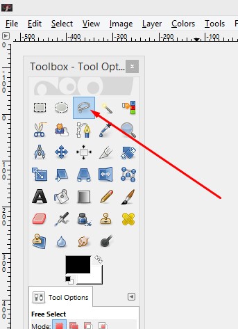 Free Selection Tool Gimp interface (Second Step: Select the selection tool from the toolbox)