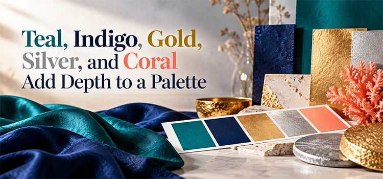 Teal, Indigo, Gold, Silver, and Coral Add Depth to a Palette